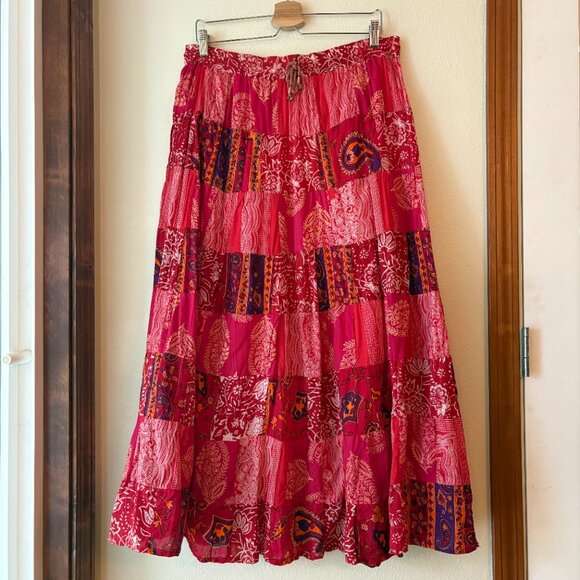 Henna Dresses & Skirts - Henna Patchwork Red Maxi Skirt 100% Cotton Bohemian Hippie Flowy Floral Size L